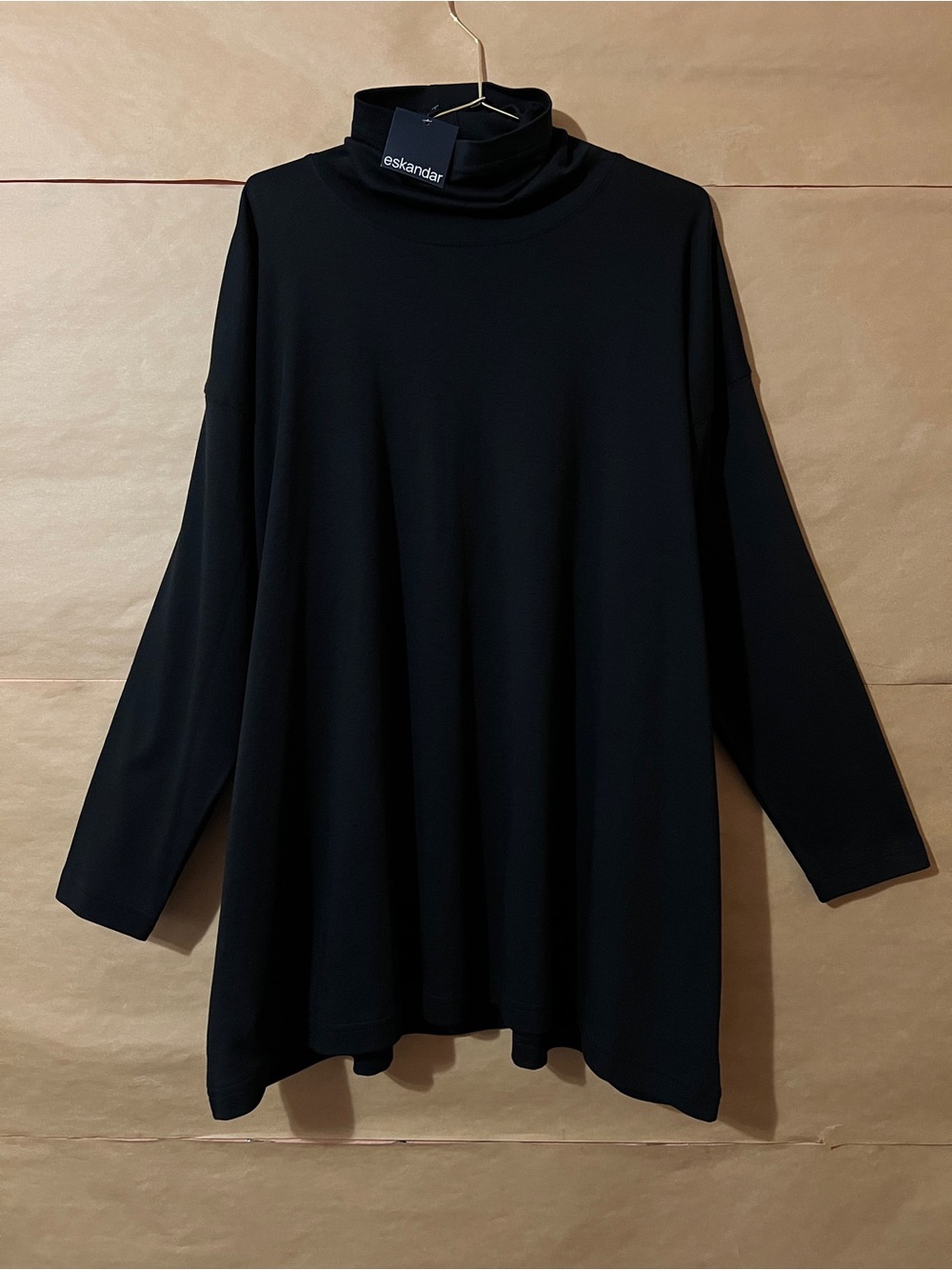 Eskandar NWT Pima Cotton A-Line Scrunch Neck Top Longline Tunic Black One Size